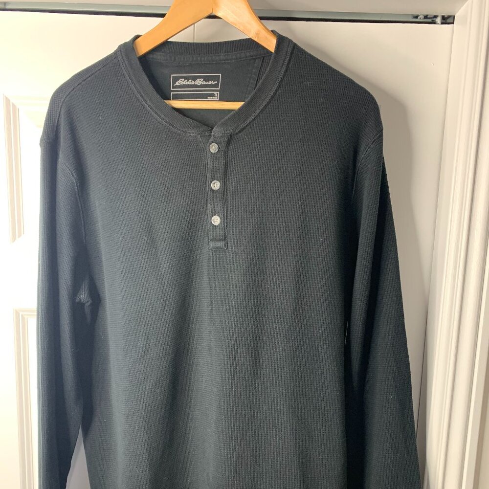 Eddie Bauer Men’s Black Long Sleeve Henley – TL (Tall Large), Cotton/Poly Blend